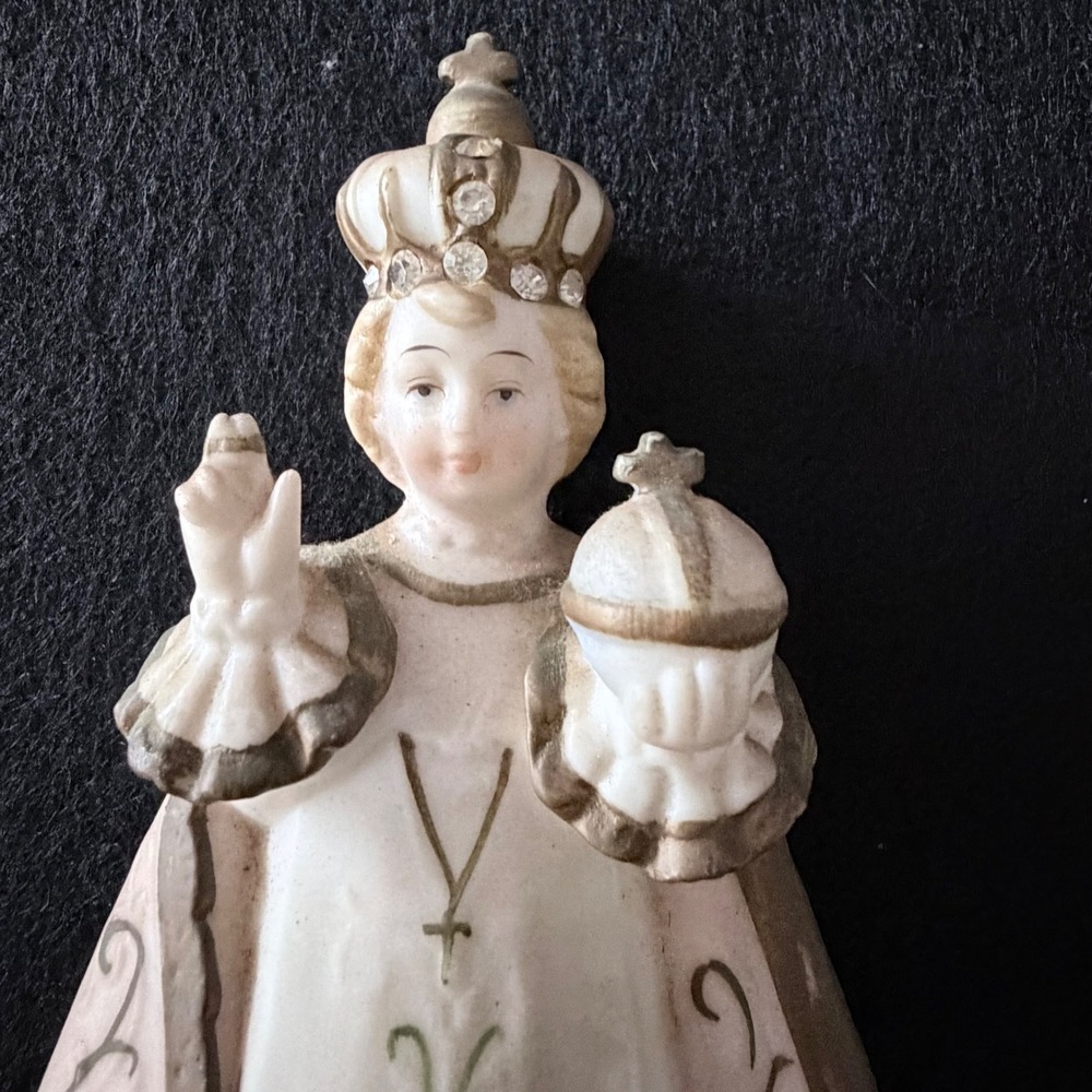 Infant Jesus of Prague Porcelain Figurine Rhinestone Crown Gold Trim 6 Inch